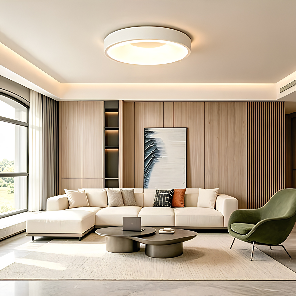Matte white LED flush mount drum ceiling light illuminating a minimalist living room with a timber feature wall and cream sofa.