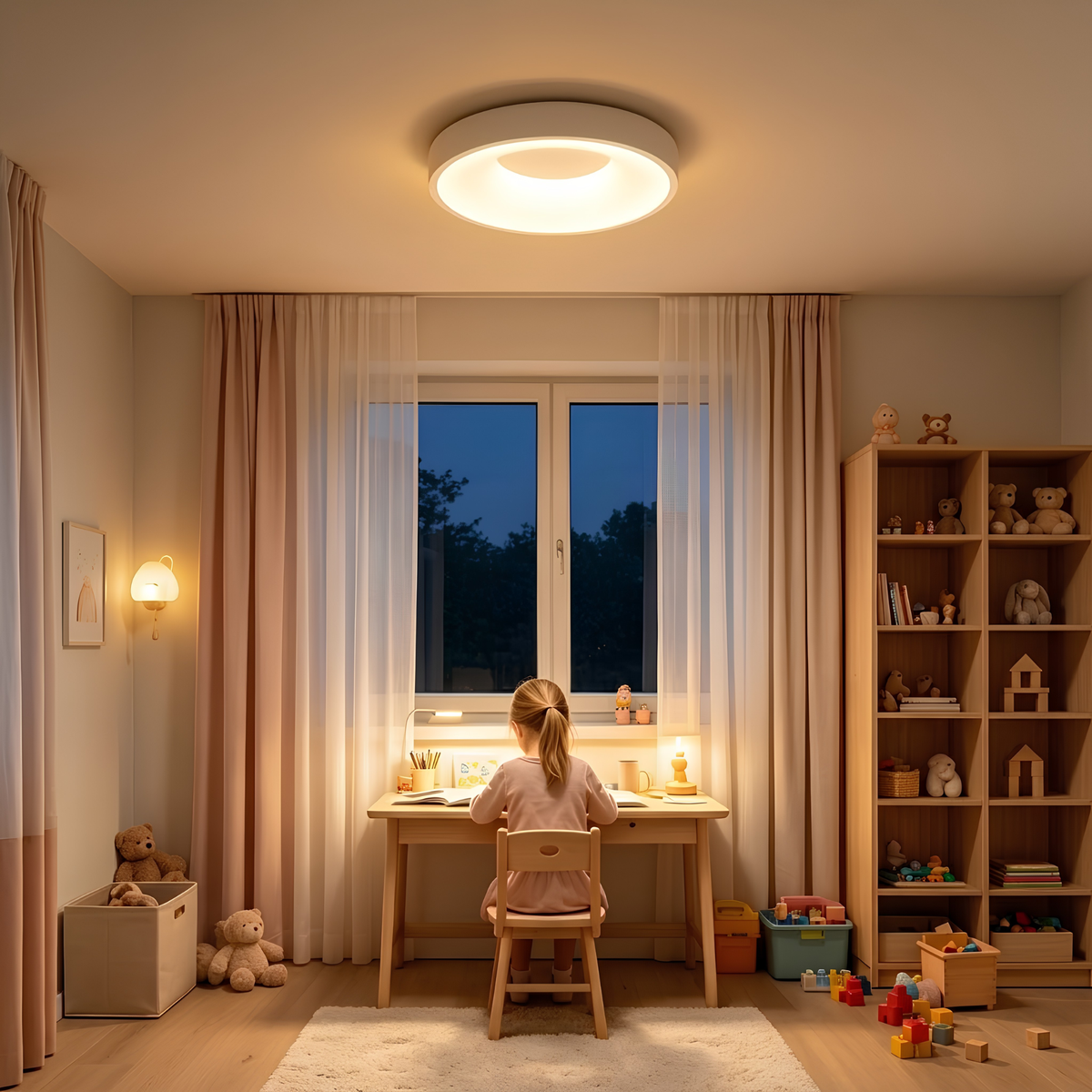 Matte white LED flush mount drum ceiling light providing soft overhead illumination above a child's study desk at dusk.