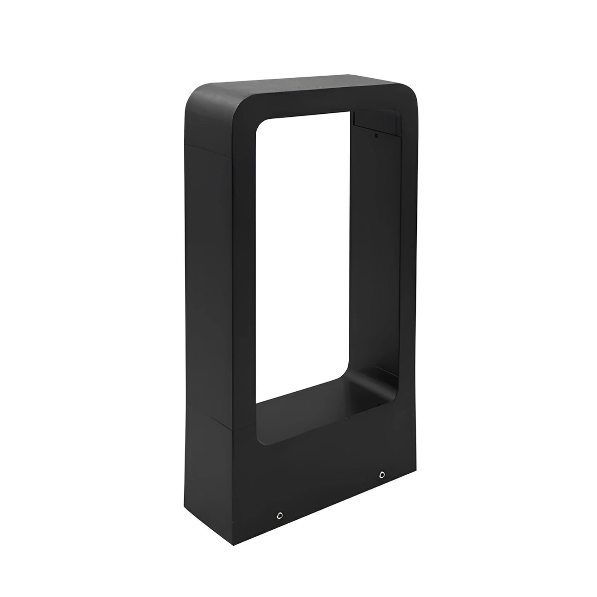 Matte black flat-top LED pathway bollard light, switched off, isolated on a white background, showing its open rectangular architectural profile.
