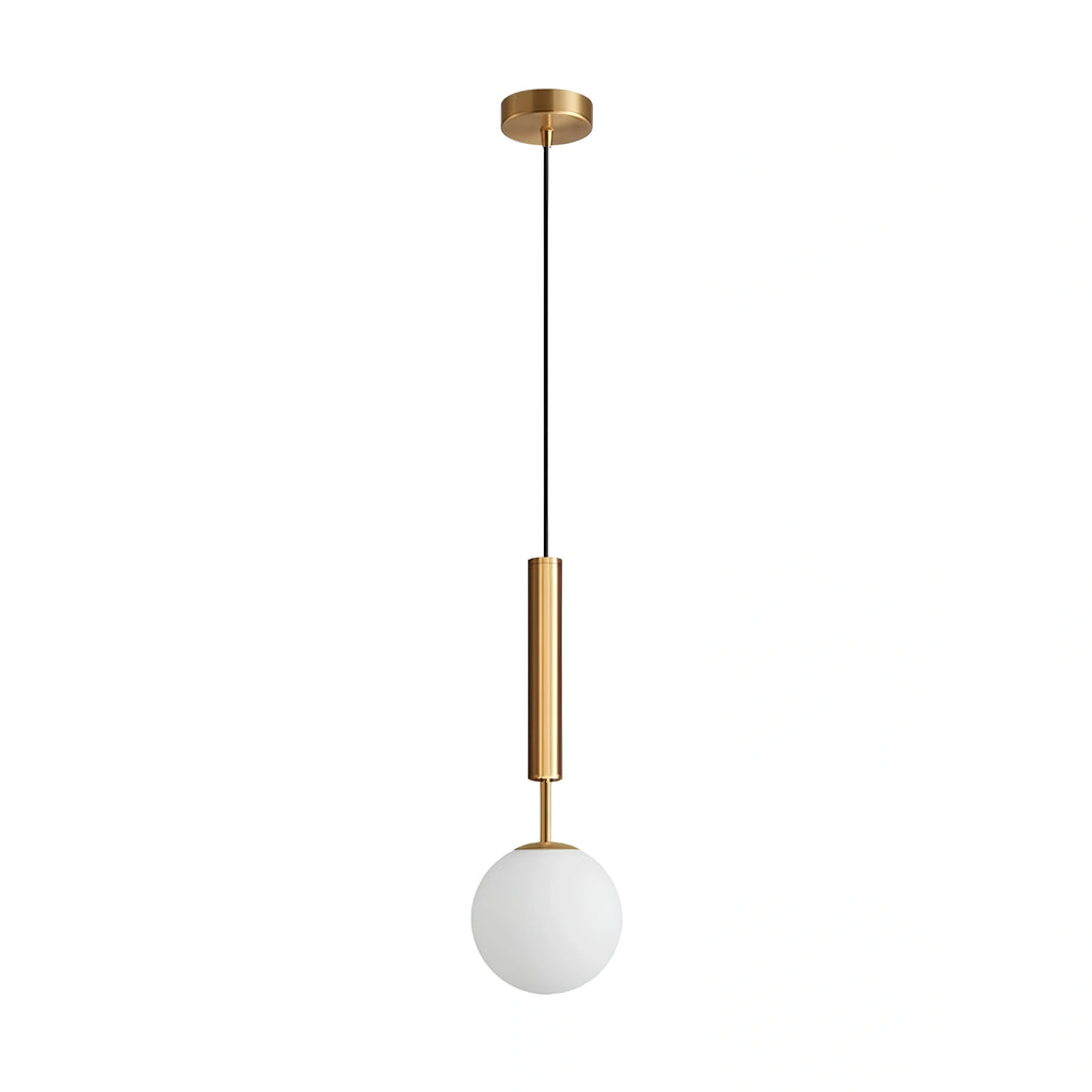 Brushed brass single-drop pendant light with a frosted glass globe shade, switched off and isolated on a white background, showing its slender silhouette.
