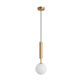 Brushed brass single-drop pendant light with a frosted glass globe shade, switched off and isolated on a white background, showing its slender silhouette.