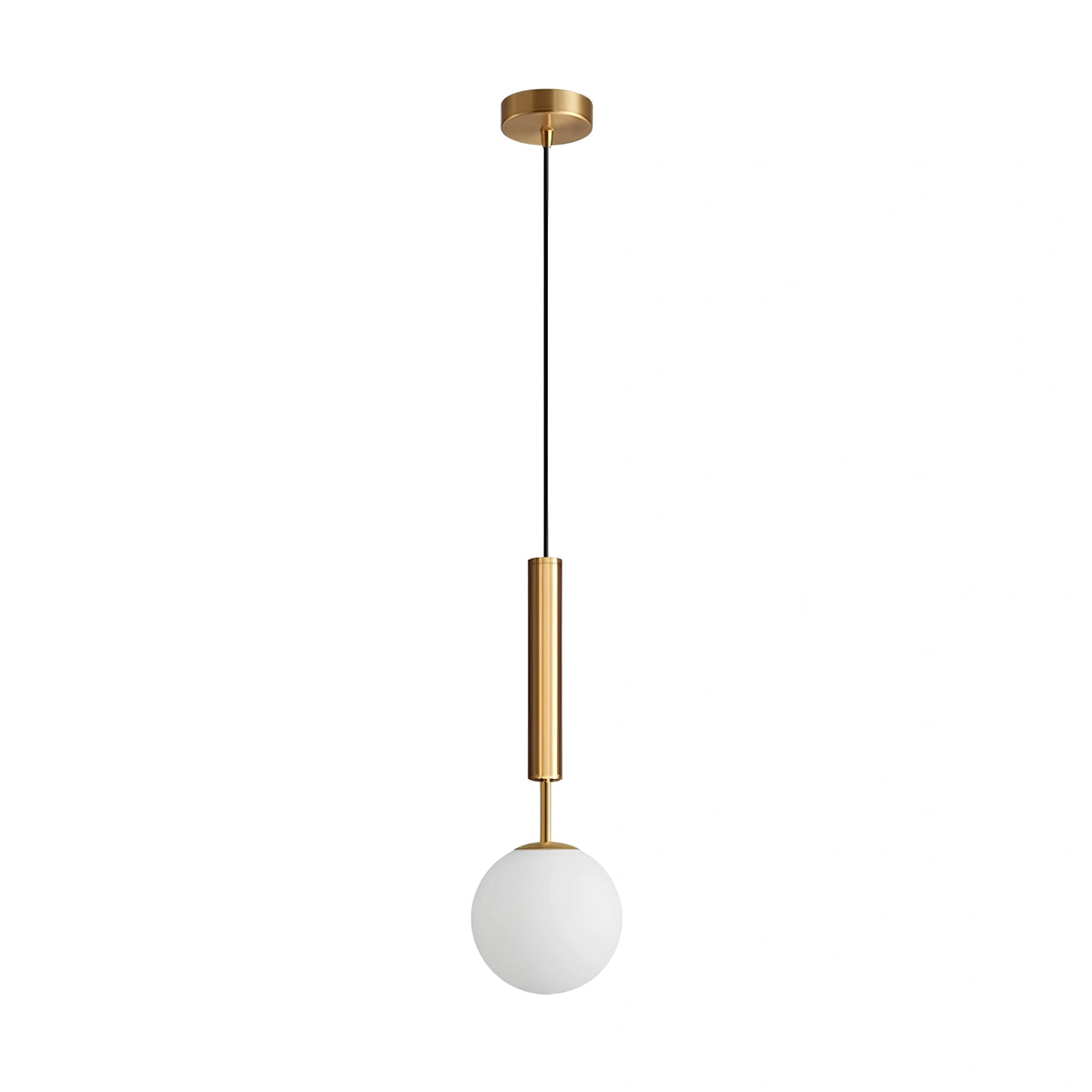 Brushed brass single-drop pendant light with a frosted glass globe shade, switched off and isolated on a white background, showing its slender silhouette.