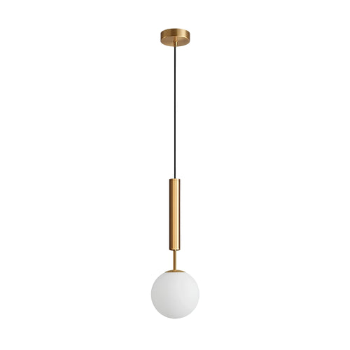 Brushed brass single-drop pendant light with a frosted glass globe shade, switched off and isolated on a white background, showing its slender silhouette.