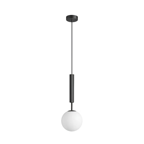 Matte black single-drop pendant light with a frosted glass globe shade, switched off and isolated on a white background.