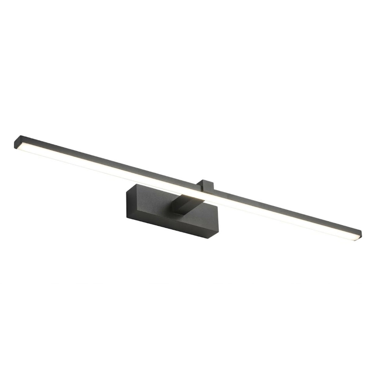 Matte black IP44-rated LED bathroom vanity bar light, switched off, isolated on a white background, showing its slim linear profile.
