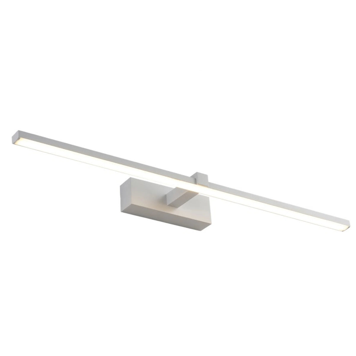 Matte white IP44-rated LED bathroom vanity bar light, switched off, isolated on a white background.