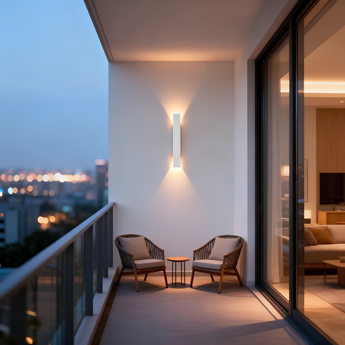 Matte white IP65 up/down wall pillar light illuminating a rendered wall beside an outdoor lounge setting at dusk.