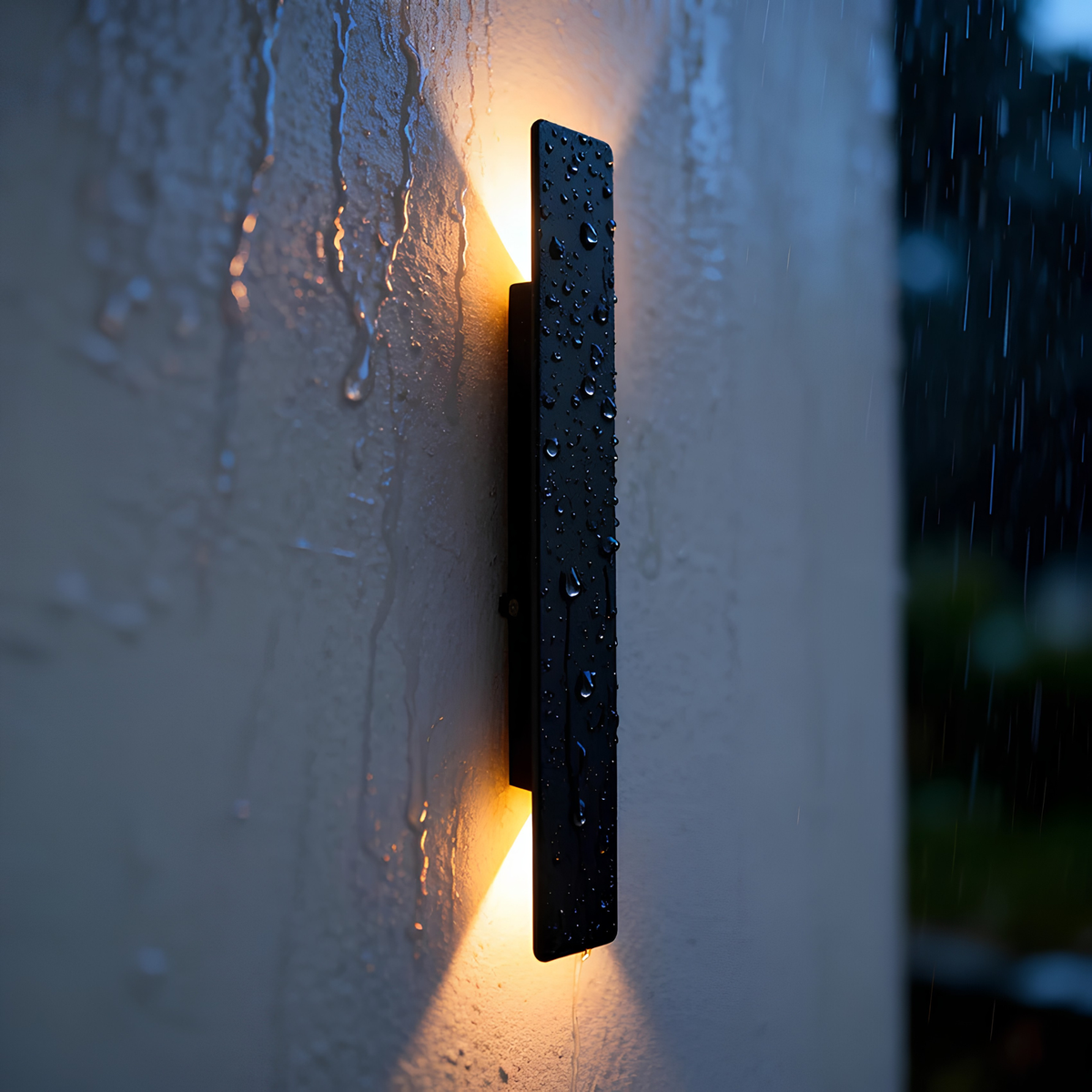 Close-up macro shot of rain droplets on the matte black weatherproof housing of an IP65 up/down wall pillar light.