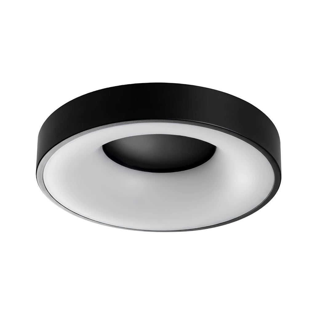 Matte black LED flush mount drum ceiling light, switched off, isolated on a white background, showing its recessed dish profile.