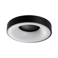 Matte black LED flush mount drum ceiling light, switched off, isolated on a white background, showing its recessed dish profile.
