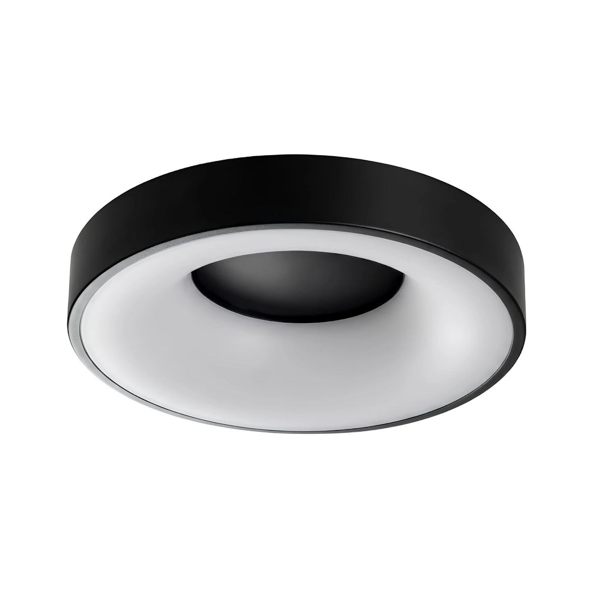 Matte black LED flush mount drum ceiling light, switched off, isolated on a white background, showing its recessed dish profile.