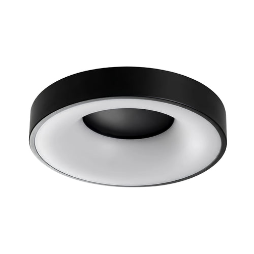 Matte black LED flush mount drum ceiling light, switched off, isolated on a white background, showing its recessed dish profile.