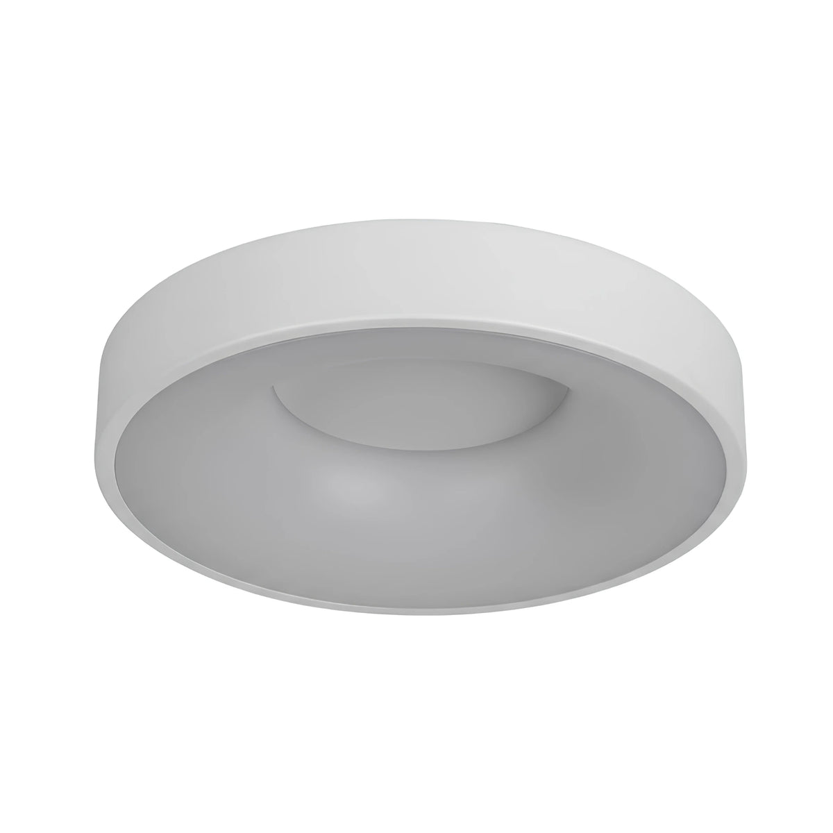 Matte white LED flush mount drum ceiling light, switched off, isolated on a white background.