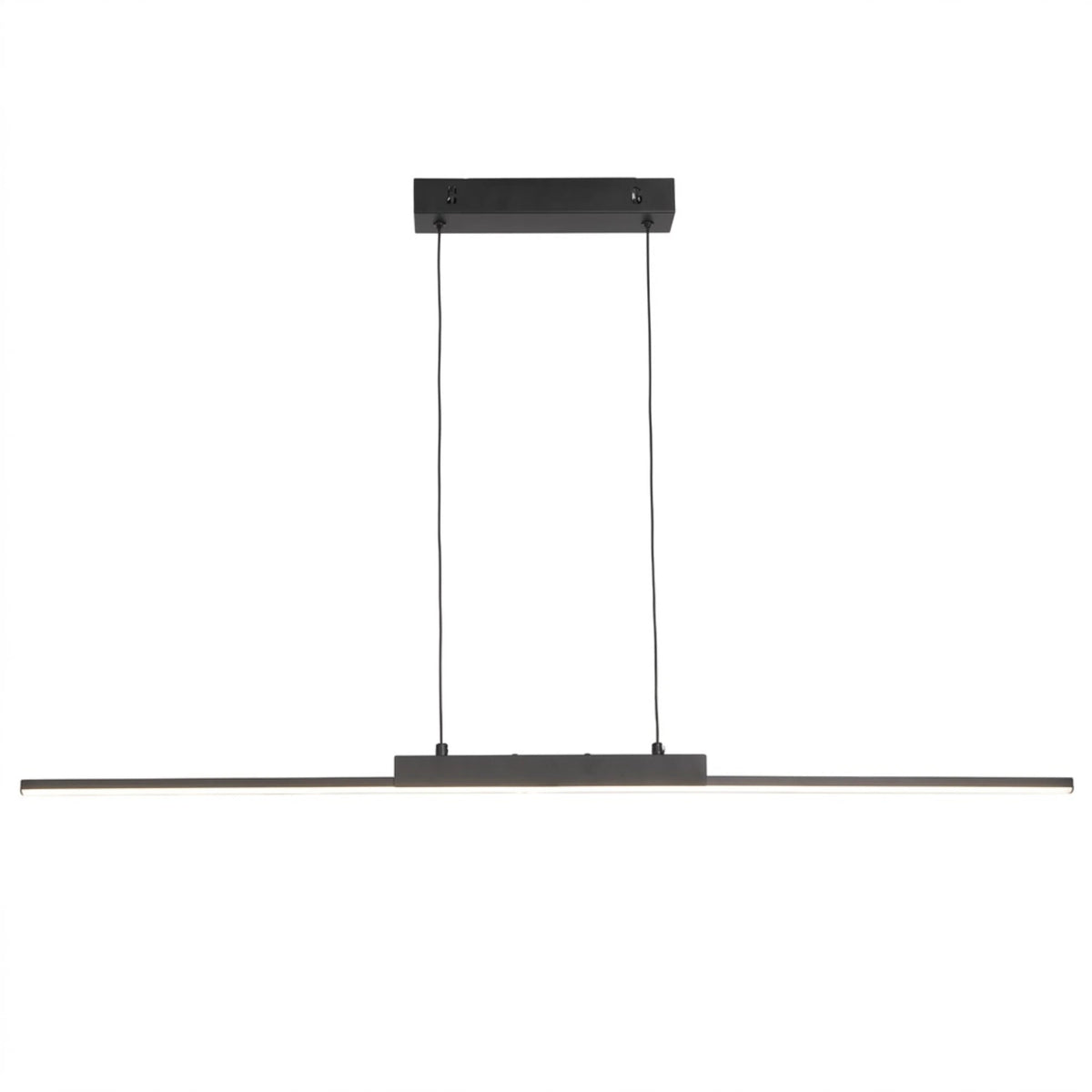 Matte black linear LED island pendant light, switched off, isolated on a white background, showing its full slim profile.