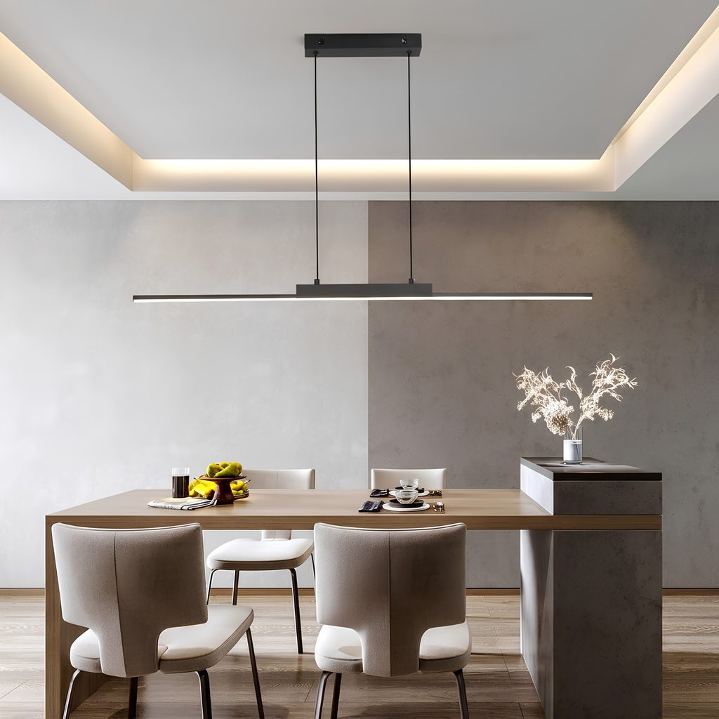 Wide view of a matte black linear LED pendant illuminated above a dining table, spanning the table's width beneath a cove-lit ceiling in a contemporary Australian dining room.