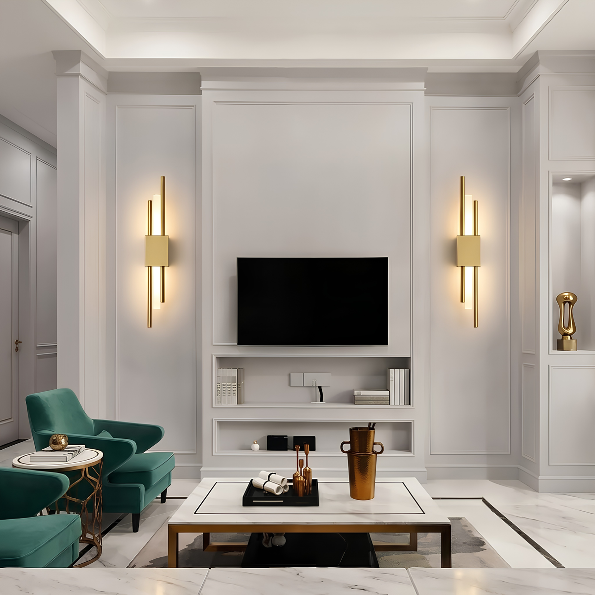 Pair of brushed brass cylindrical up-down wall sconces flanking a wall-mounted television in a white panelled living room.