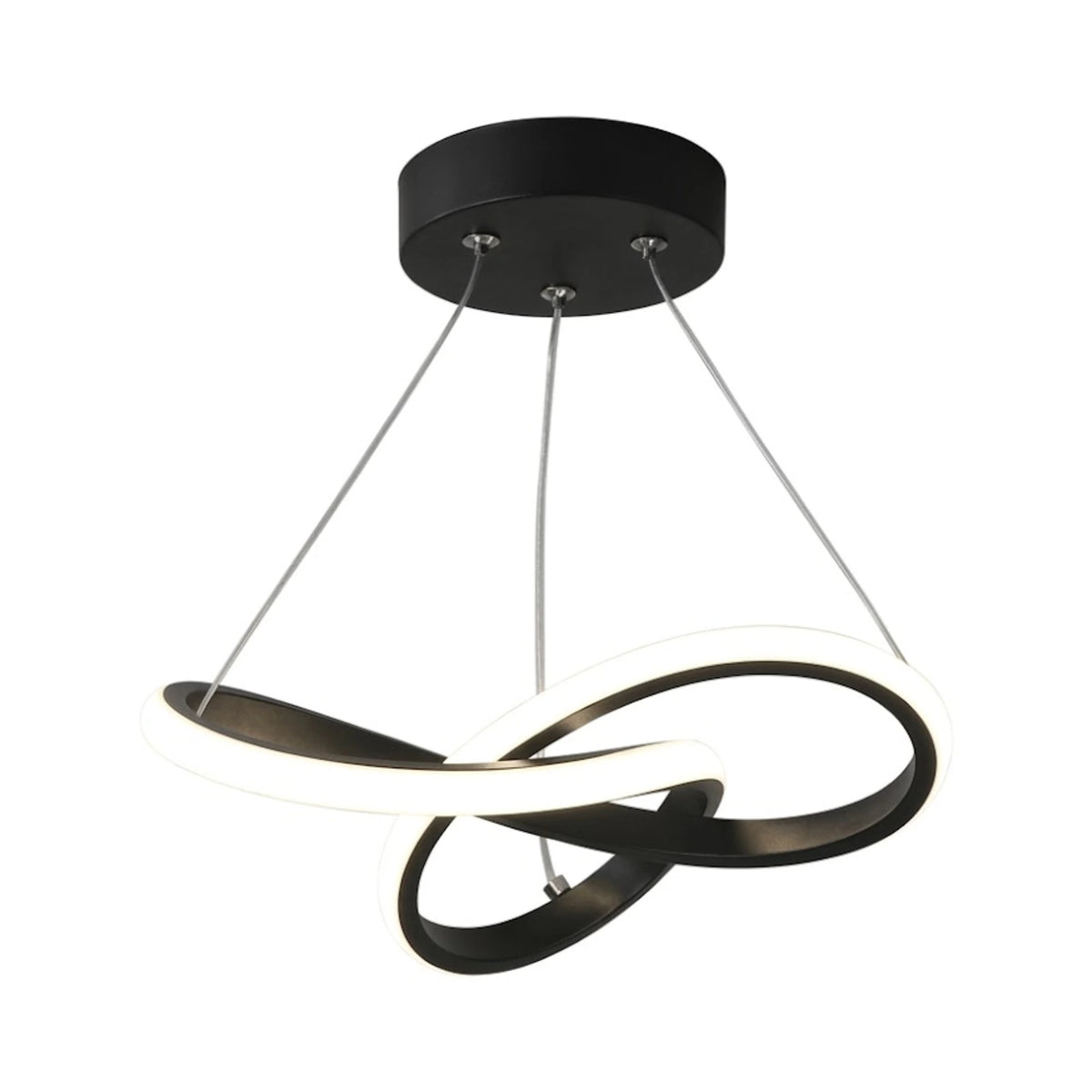 Matte black sculptural interlocking-ring LED pendant light, illuminated, isolated on a white background.