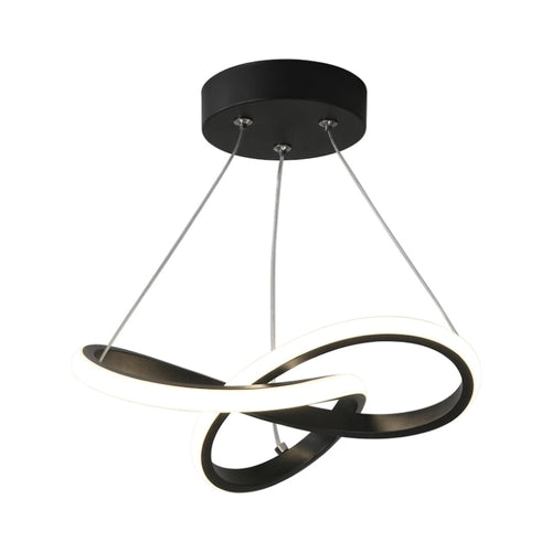 Matte black sculptural interlocking-ring LED pendant light, illuminated, isolated on a white background.