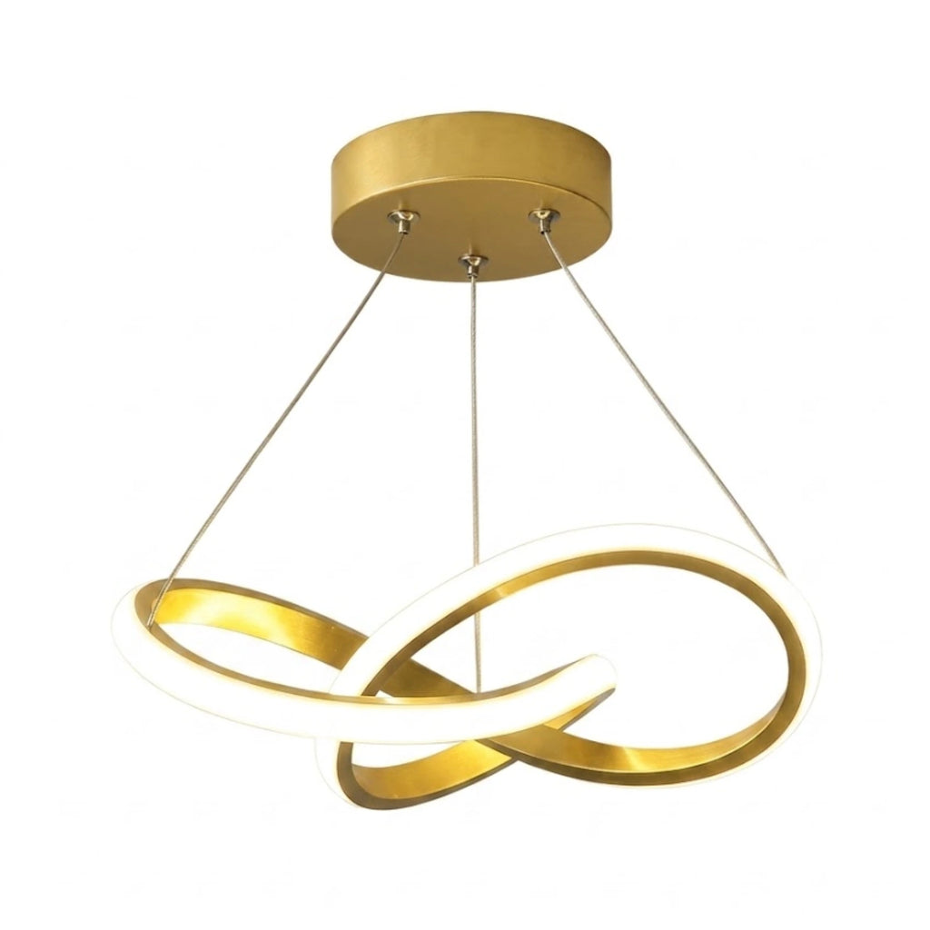 Brushed brass sculptural interlocking-ring LED pendant light, illuminated, isolated on a white background, showing its continuous looped silhouette.