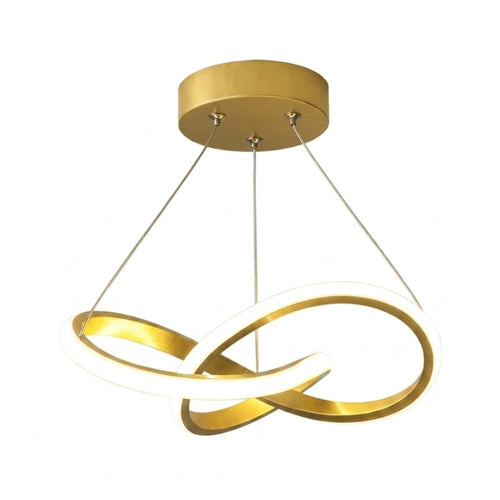 Brushed brass sculptural interlocking-ring LED pendant light, illuminated, isolated on a white background, showing its continuous looped silhouette.
