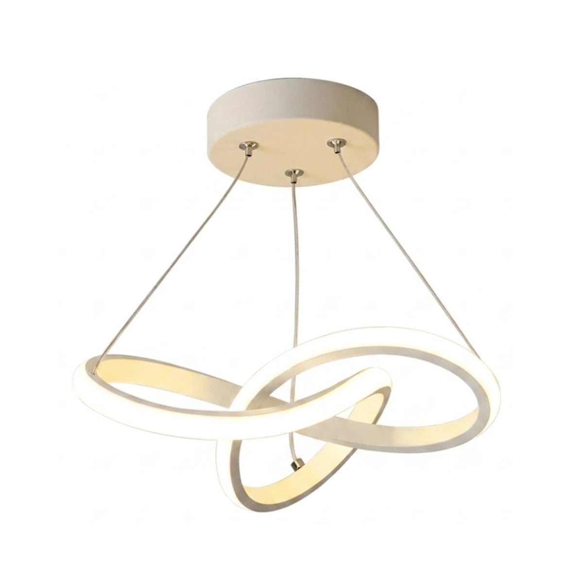 White sculptural interlocking-ring LED pendant light, illuminated, isolated on a white background.