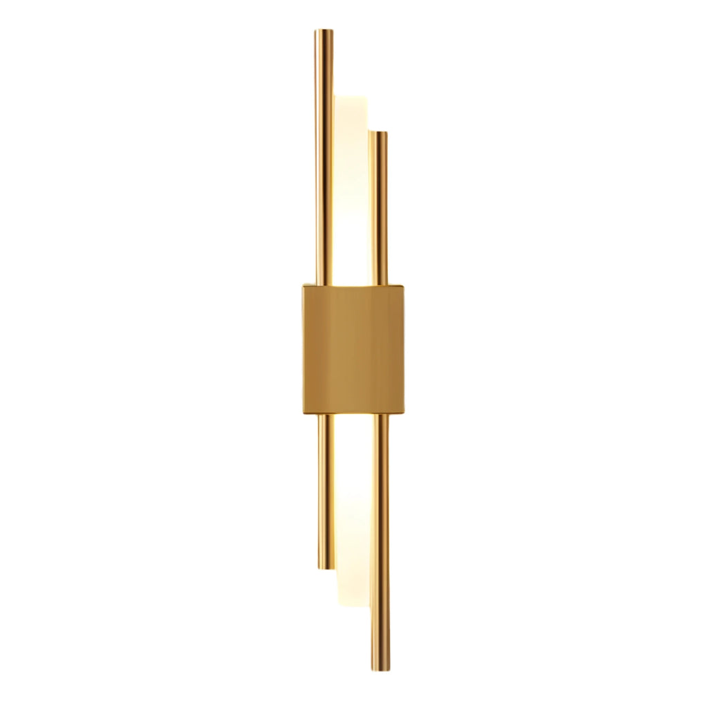 Brushed brass cylindrical up-down wall sconce, isolated on a white background, showing its slender dual-rod architectural silhouette.