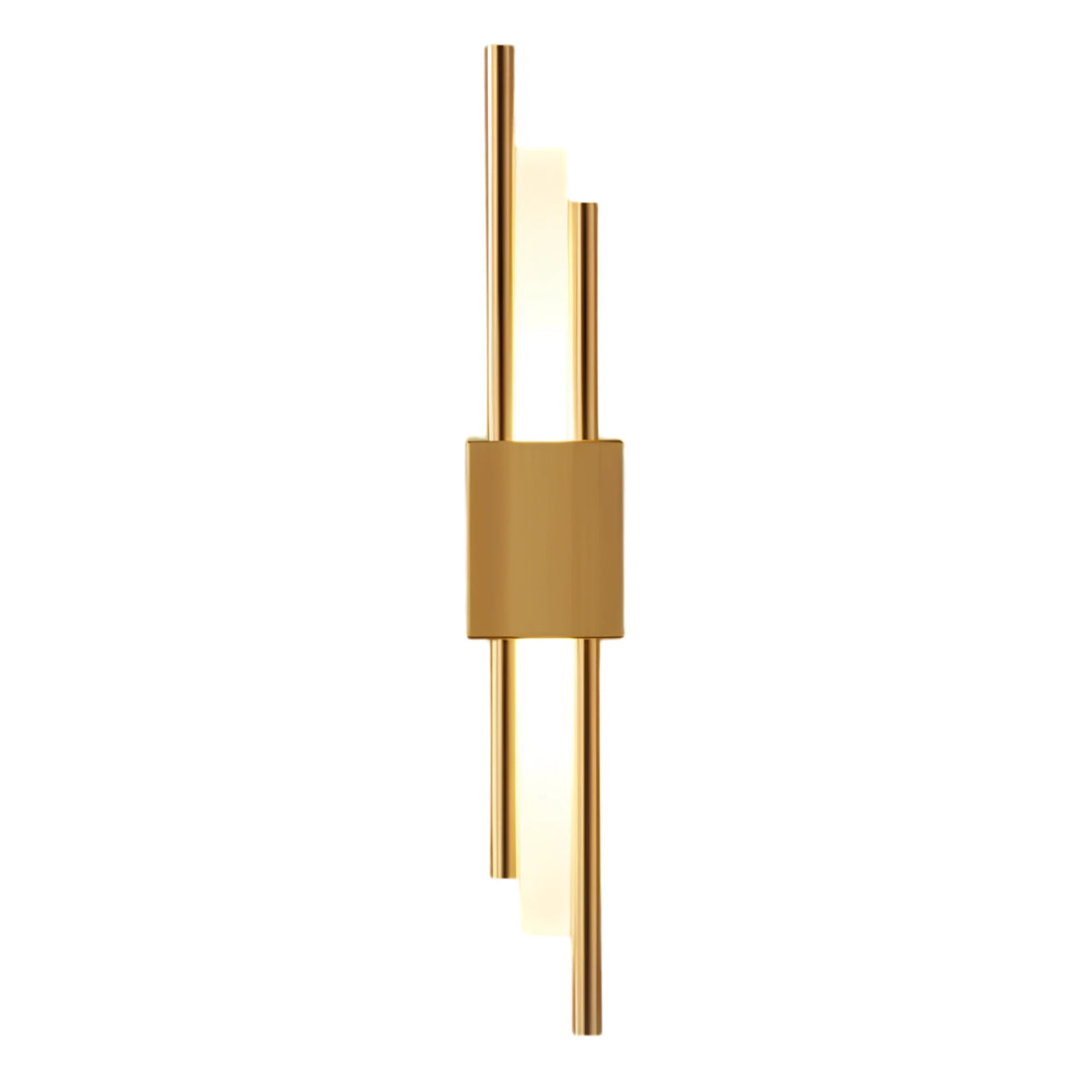 Brushed brass cylindrical up-down wall sconce, isolated on a white background, showing its slender dual-rod architectural silhouette.