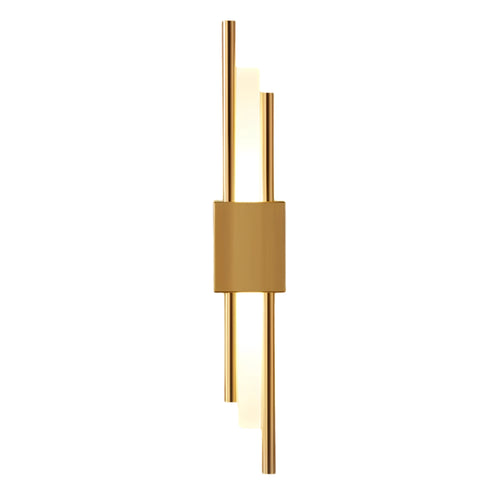 Brushed brass cylindrical up-down wall sconce, isolated on a white background, showing its slender dual-rod architectural silhouette.