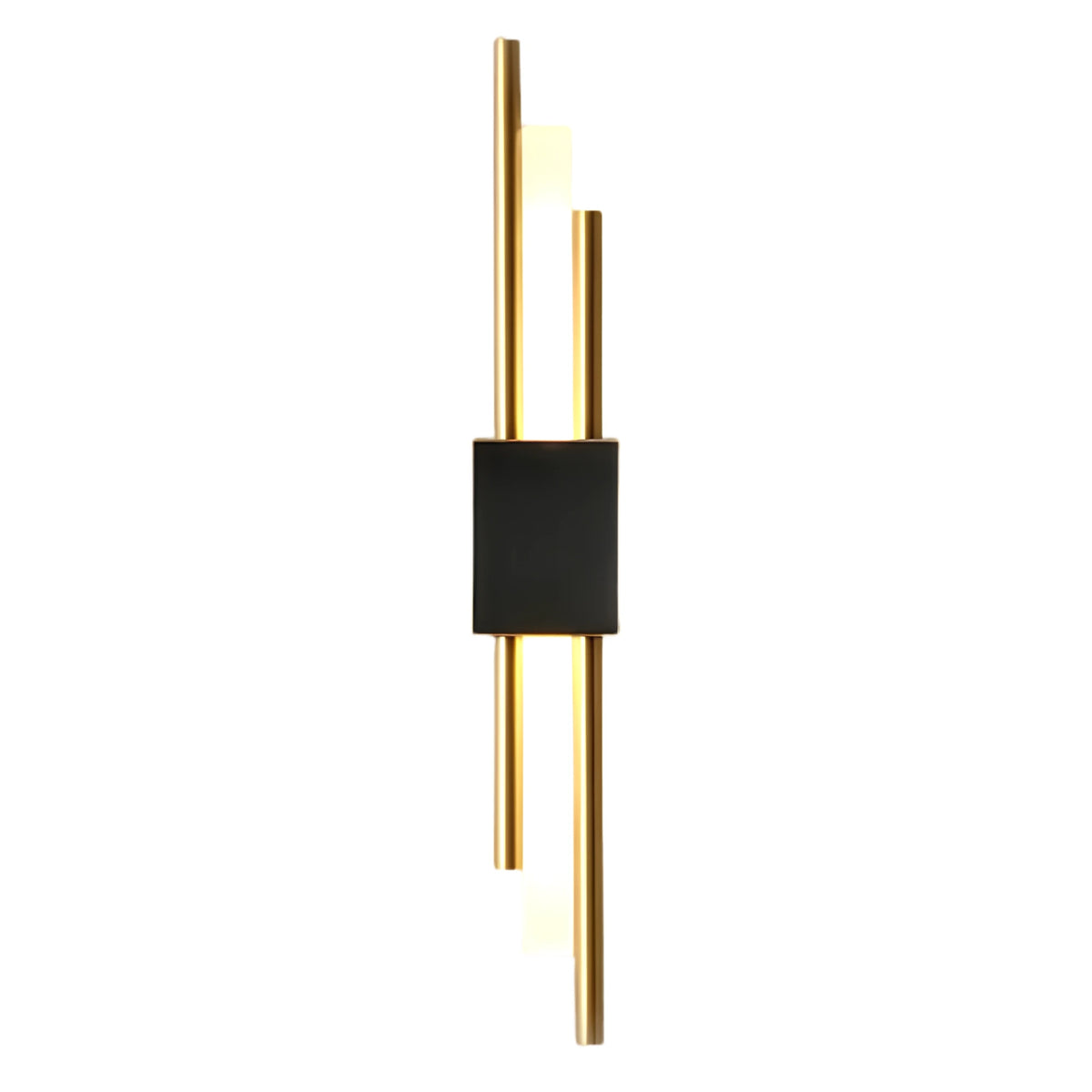 Matte black cylindrical up-down wall sconce with brass accent rods, isolated on a white background.